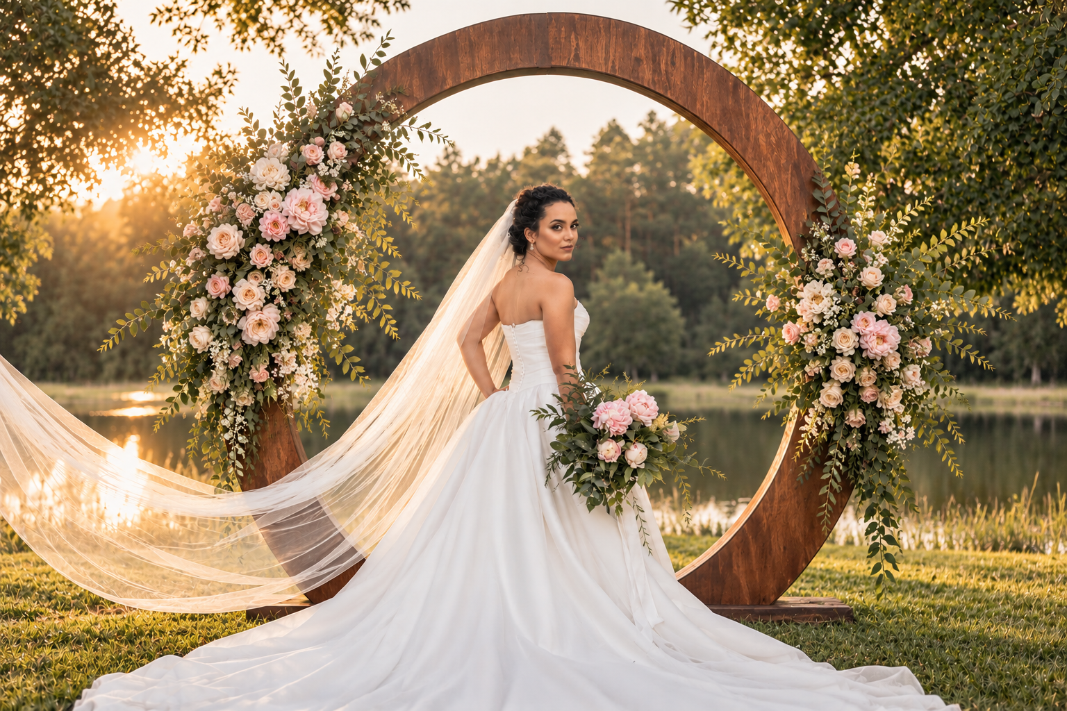 Bride standing inside the wooden ceremony arch with pink and white florals beside a pond